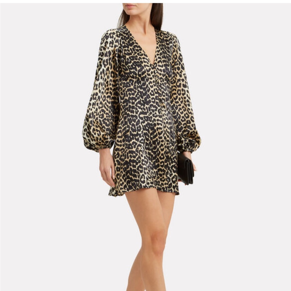 GANNI Silk Leopard Print Mini Dress